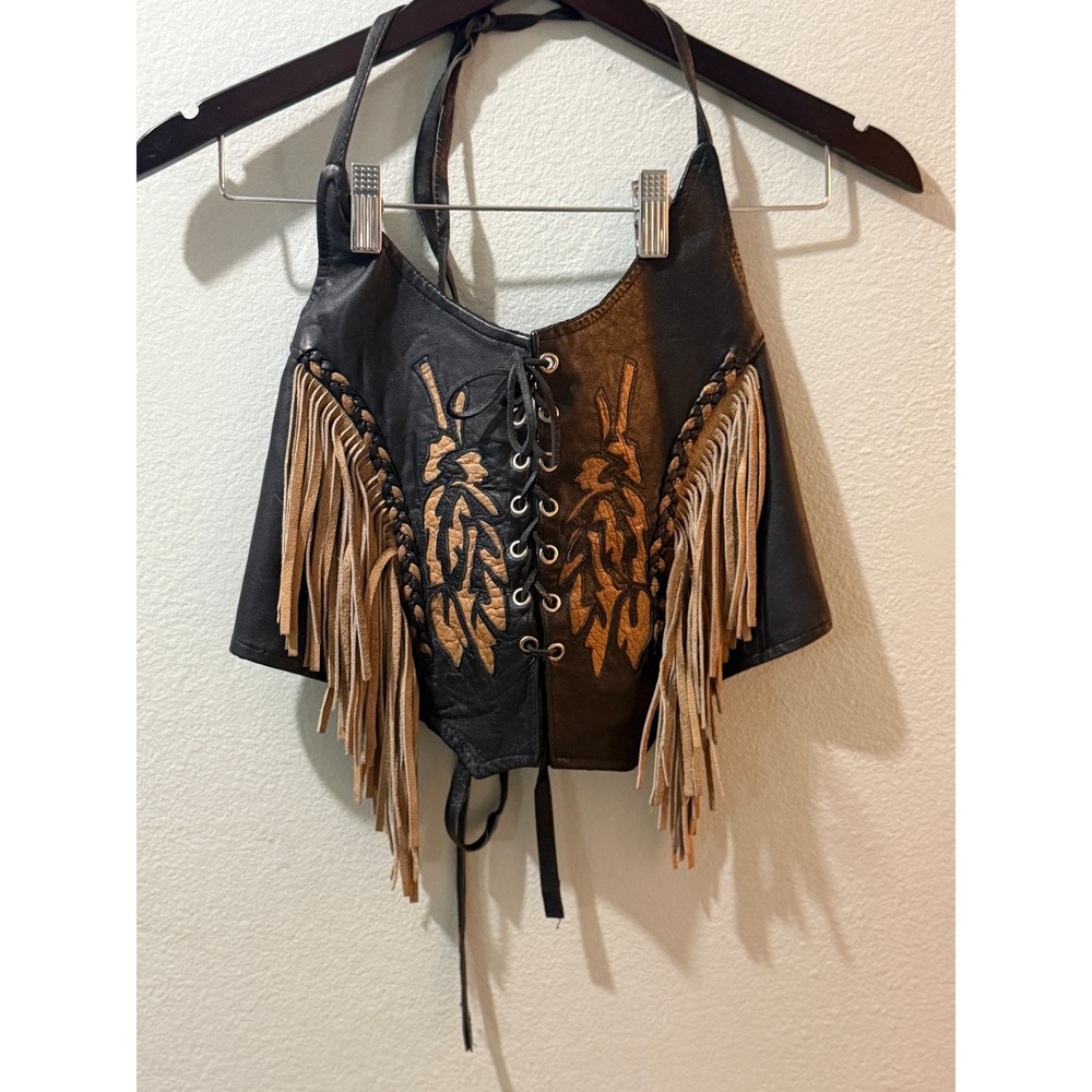 Vintage UNIK Leather Collections Fringed Concho Motorcycle Jacket Brown Black 36